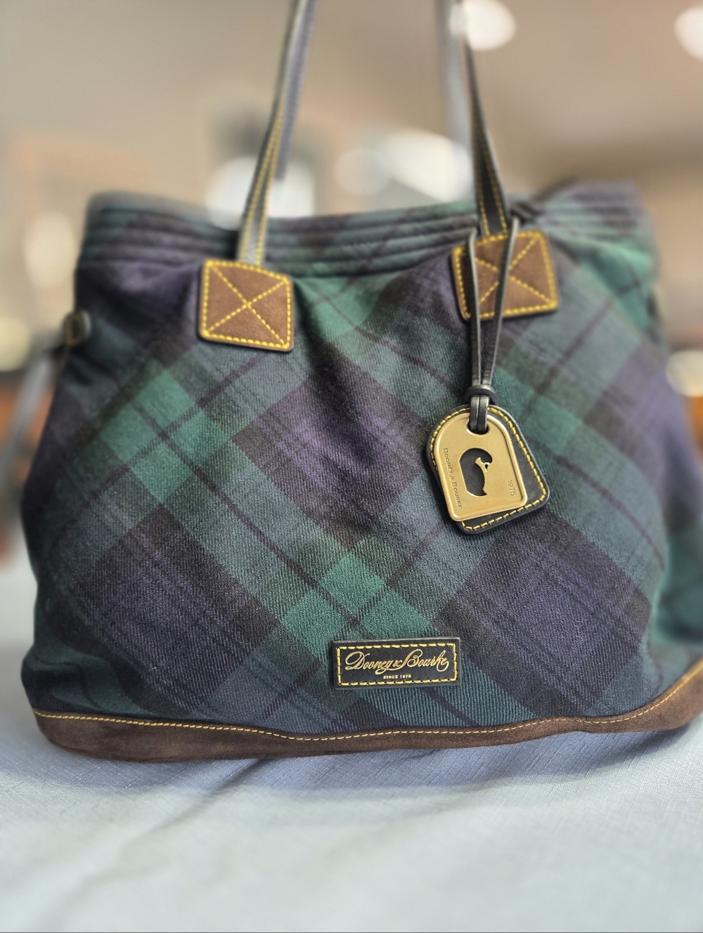 Dooney & Bourke Blackwatch Plaid Wool Tote Green Navy Leather Trim Shoulder Bag